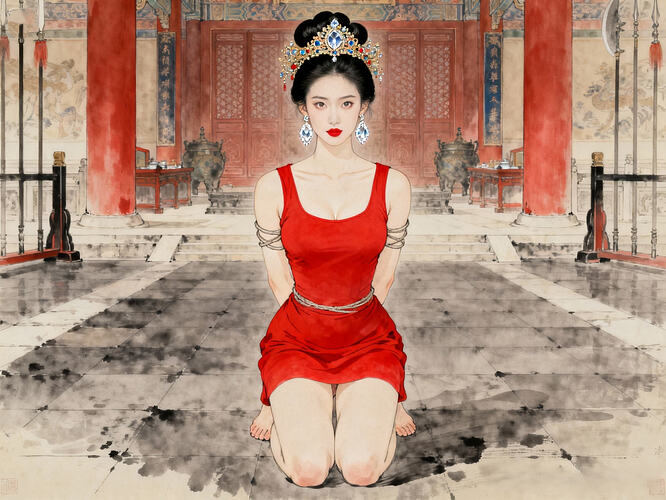 dreamina-2025-11-05-5505-生成一副清晰写实的彩色工笔国画:正面全身(从头到脚)像:美人风姐,皮肤白皙,黑发...