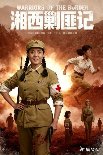 jimeng-2025-09-16-1870-编辑图1，将四位女战士按大小错落排布：左侧放置最大尺寸的持枪女战士（图2左一）作...