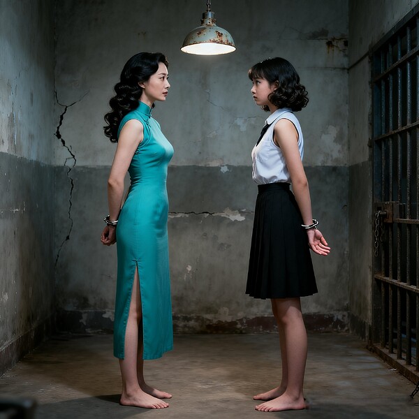 dreamina-2026-03-22-7263-生成一幅清晰的写实摄影剧照图片, 全身侧面像：在一个刑讯室里站着一位美丽的女教师...