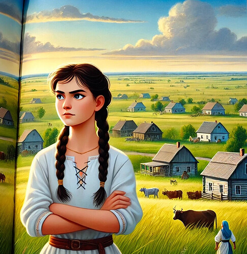 A book illustration featuring Tatyana Solomakha, a young, determined girl from a rural setting. The scene shows her standing confidently in a vast, op