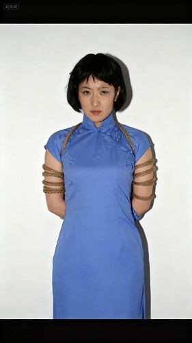 jimeng-2025-09-09-6835-根据这张图片生成女人的正面站立照片。保持双手紧紧固定在背后的姿势不变,双臂被紧紧...