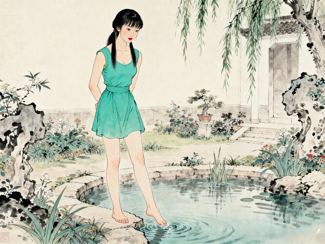dreamina-2025-11-05-5894-生成一副线条清晰写实的彩色工笔国画:正面从头到脚全身像:美女林黛玉,黑发束成一柳...