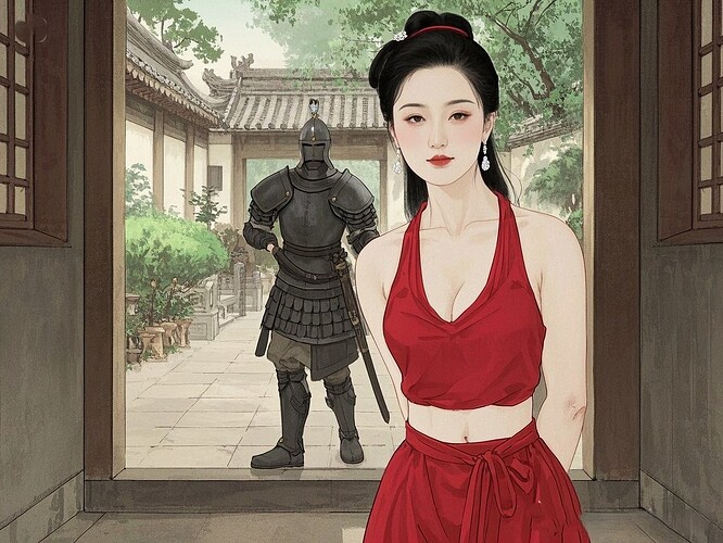 dreamina-2025-11-05-7902-生成一副清晰写实的彩色工笔国画:正面全身(从头到脚)肖像:美人风姐,皮肤白皙,黑...